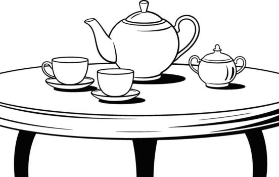 A teapot, two cups, and a sugar bowl on a round table, line art vector
