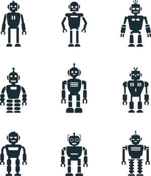 Collection of nine black robot icons on a white background grid vector