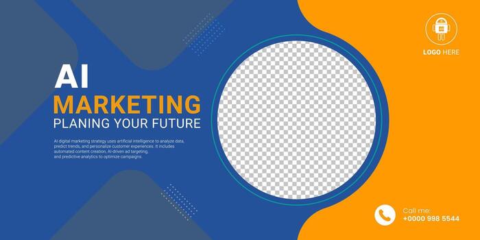 Innovative Digital Strategy Layout and combination of sharp angles and clean fonts. Features a transparent photo frame with AI marketing concepts design, a Marketing Banner concept vector