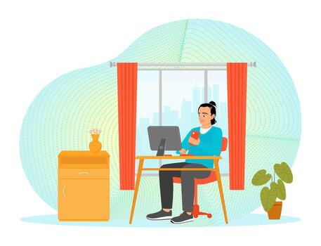 People Using Gadgets. Man Working Remotely with Desktop Computer in a Home Office. vector