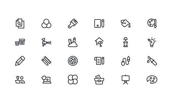 Professional Design and Painting Icon bundle Illustration. Most Useful Editable Icons for Artistic Tools, Colors, and Painting Techniques Outline Style vector