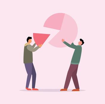 Two men holding pie chart pieces vector