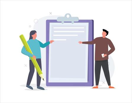 man and woman working with clipboard. interview presentation illustration. Take a note. vector