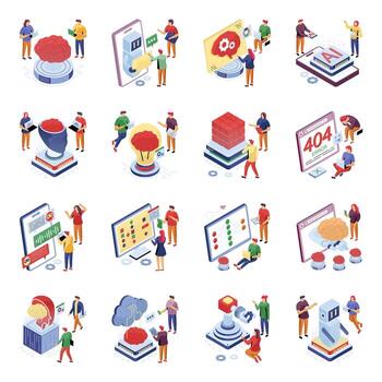conjunto de artificial inteligencia isométrica ilustraciones vector
