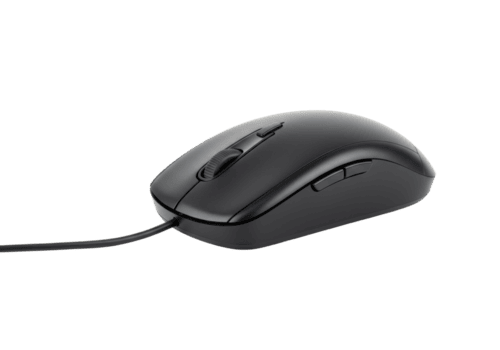 Black wired computer mouse with scroll wheel and side buttons. png