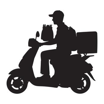 Silhouette of a delivery man on a scooter with a package vector