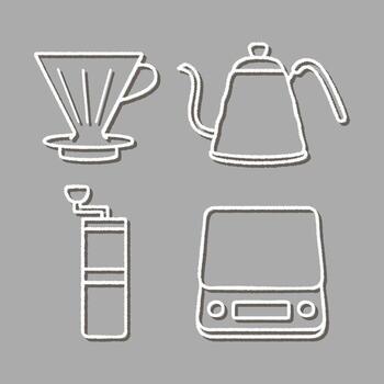 Pour over dripper and gooseneck kettle with grinder and scale line icons vector
