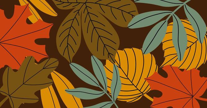 horizontal fondo presentando mano dibujado otoño hojas arreglado en un oscuro antecedentes. vector