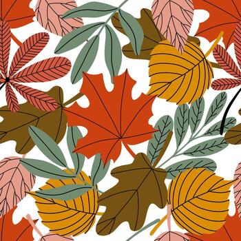 mano dibujado plano sin costura modelo presentando diferente otoño vistoso hojas en un limpiar blanco antecedentes. moderno diseño. vector