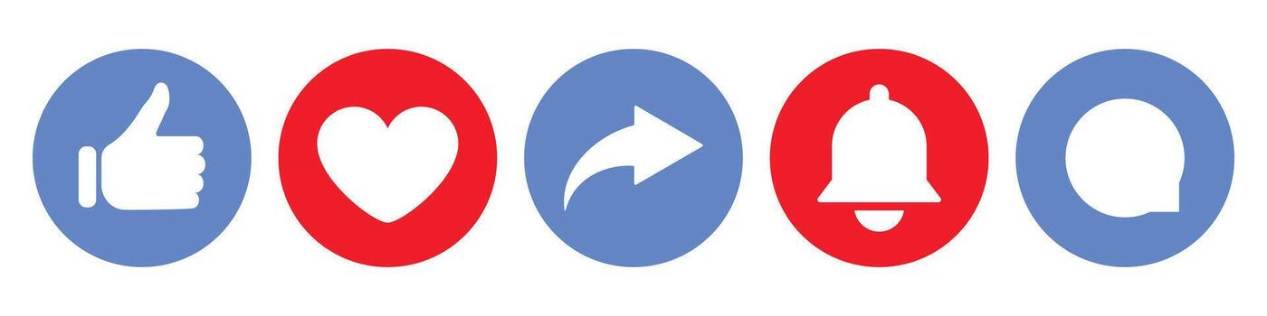 Social media icons set with like heart share bell and comment symbols in blue and red circles isolated digital illustration for web communication online interaction and networking design vector