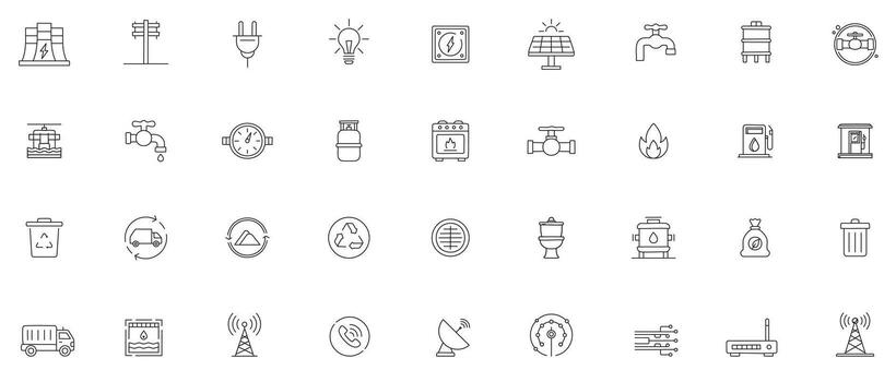 Public Utilities Line Art Icon Set Minimal Outline Icons of Essential Energy, Water, Waste, and Communication Services vector