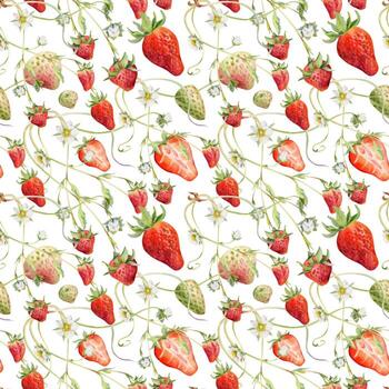 fresa bayas hojas flores creciente en vides zarcillos enredaderas, maduro jardín pineberry fresa. aislado mano dibujado acuarela sin costura modelo. agricultores mercado, comida bebidas embalaje, telas vector