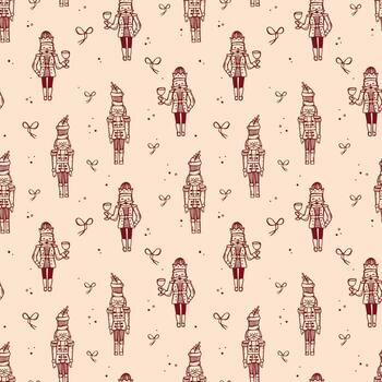 Whimsical hand-drawn Christmas seamless pattern with Nutcracker. pattern in red color vector