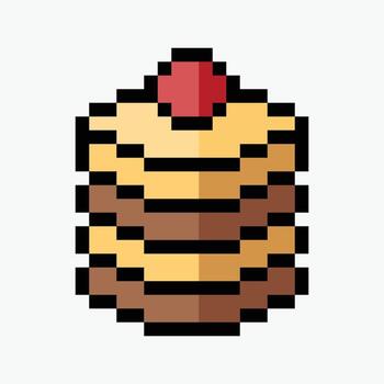cylinder cake pixel art icon illustration, a cylindrical cake with alternating brown and tan layers, topped with a red circle resembling a cherry. vector