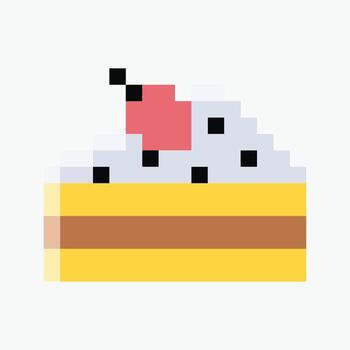 a piece of cake pixel art icon illustration, Pixel art representation of a slice of cake. The lower layer is yellow, suggesting a sponge cake, with a brown line indicating a filling. vector