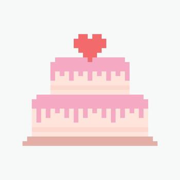wedding cake pixel art icon illustration, Pixel art illustration of a two-tiered cake with pink icing. The tiers are simple, with dripped frosting details. A red pixel heart is placed on top. vector