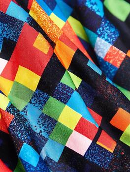 Vibrant Colorful Fabric Texture with Geometric Square Patterns. photo