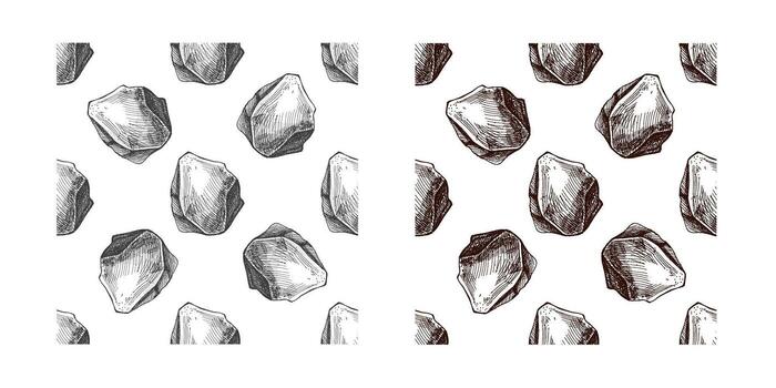 Hand drawn seamless patterns set of assorted rustic stones in color and monochrome sketch vector