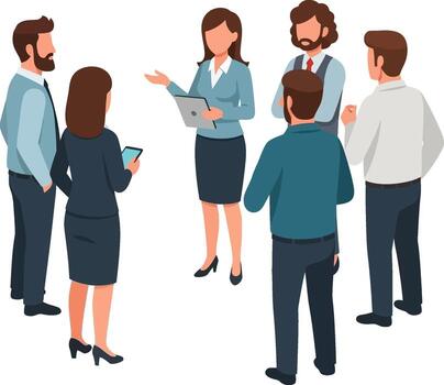 Diverse business team in an office environment engaging in a meeting, Cartoon depiction of professionals collaborating on a project with modern attire vector