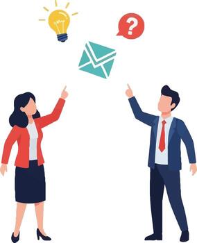 Business people brainstorming ideas and sending emails, a creative solution with a question mark and an envelope, a light bulb for an idea vector