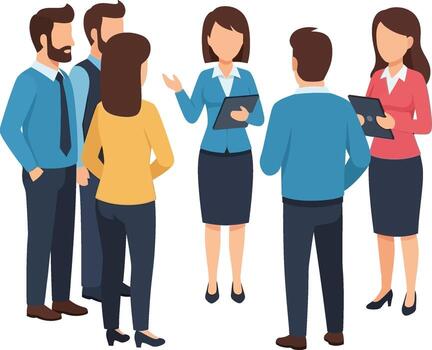 illustration of a team of professionals in a meeting, with faceless characters, illustration of a diverse group of business people in a corporate setting discussing ideas vector