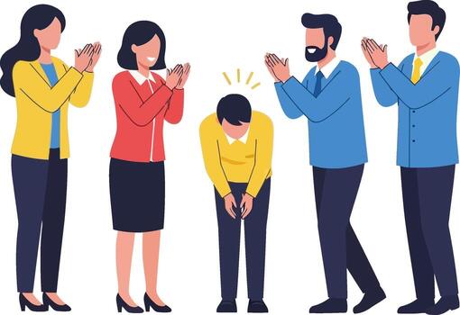 Diverse Group of People Clapping and Bowing, Illustration, Appreciation Gesture with Modern Office Workers in a Flat Design Style vector