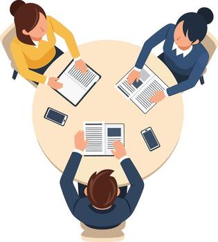 Group Meeting Around a Round Table, Discussing Documents and Ideas, Top View, Business Team Brainstorming Session, Collaboration and Review, Three Professionals in Discussion vector