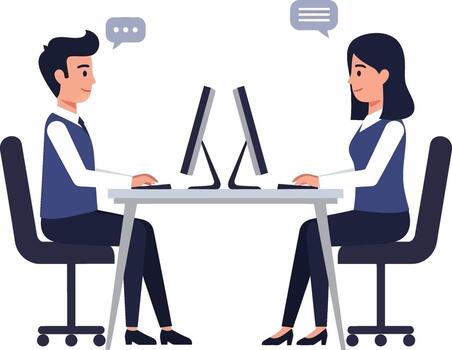 Stylized Office Scene with Two People Communicating Electronically, Flat Illustration of Office Workers at a Table with Computer Screens and Chat Bubbles vector