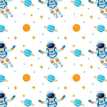 A bright pattern with an astronaut, stars and planets. Pattern for clothing and textiles. Simple illustration vector