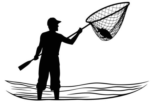 Silhouette of Fisherman Landing a Fish with a Net from a Small Boat vector