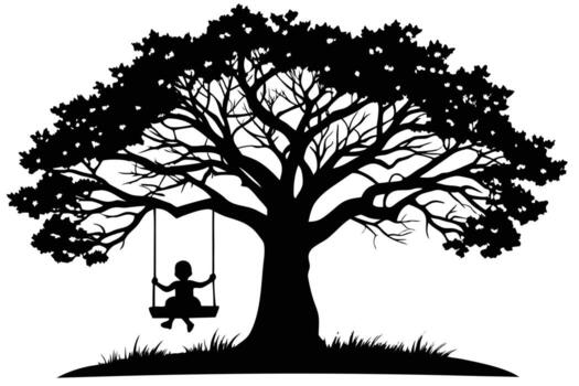 Silhouette of Child on Swing Under Tree with Full Canopy and Grass vector