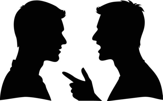 Silhouette of Two Men Arguing and Pointing Fingers in Black and White vector