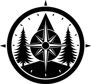 Black and White Compass with Trees, Mountain, and Navigation Symbol Illustration Design vector