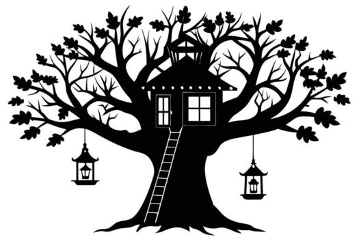 negro silueta de un casa del árbol con escalera y colgando linternas en contra blanco antecedentes vector