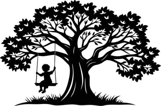 Silhouette Illustration of a Child on a Tree Swing Beneath a Large Tree Canopy vector