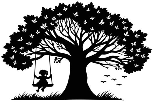 Silhouette of a Little Girl on a Swing Under a Leafy Tree with Birds vector