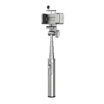 Sleek silver extendable selfie stick with an adjustable phone clamp and a built in shutter button, ideal for capturing wide angle selfies and group photos on the go. png