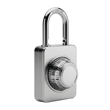 un' elegante, moderno combinazione lucchetto reso nel brillante metallico d'argento, con un' centrale rotante comporre per ambientazione e entrata numerico codici. ideale per sicurezza concetti. png