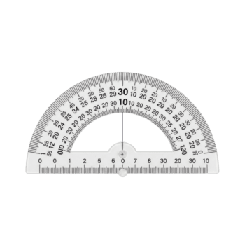 A white plastic protractor with clear black markings for precise angle measurement, commonly used in geometry, mathematics, and technical drawing. png