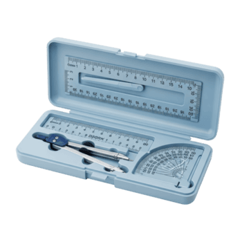 An open light blue geometry set case containing essential mathematical and technical drawing instruments like a ruler, protractor, and compass, ready for school or professional use. png