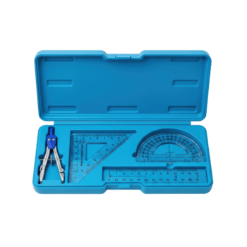 un Aperto blu plastica geometria impostato Astuccio viene visualizzato essenziale scuola e tecnico disegno utensili Compreso un' bussola, goniometro, Due impostato piazze, e un' governate, pronto per educativo uso. png