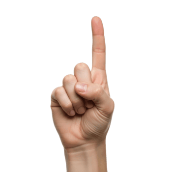 Hand with index finger pointing up. Number one gesture for attention, direction, or making a point. png