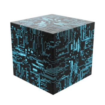 en svart kub Utsmyckad med invecklad, lysande blå krets styrelse mönster, representerar teknologi, artificiell intelligens, och digital begrepp. png