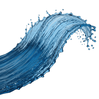 A dynamic, curving splash of blue water captured in motion with vibrant droplets. Ideal for themes of freshness, purity, energy, and hydration in various design projects. png