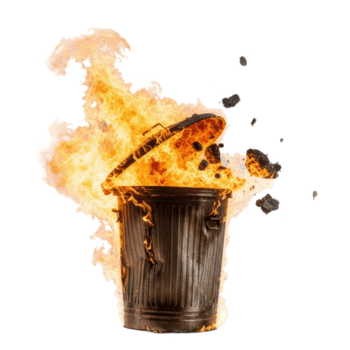 un metal basura lata envuelto en intenso llamas, con ardiente escombros explotando hacia fuera. esta imagen simboliza destrucción, falla, o el potente descartando de algo. png