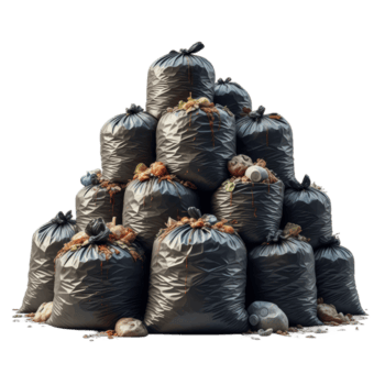 une grand empiler de noir Plastique des ordures Sacs, certains débordé avec refuser, création une important pile de déchets. cette image dépeint environnement problèmes et Urbain déchets. png
