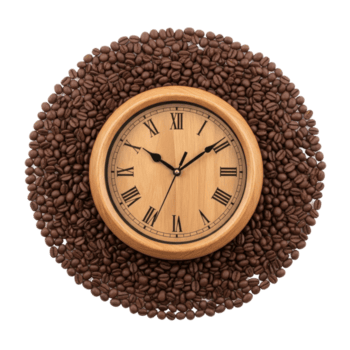 A classic wooden clock featuring roman numerals is centered within a circular frame of dark roasted coffee beans, creating a unique and aromatic time themed composition. png