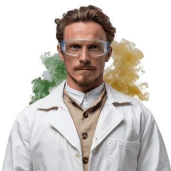 Scientist in Lab Coat with Protective Glasses and Colorful Smoke Background for Science and Innovation Themes png