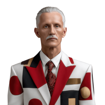 elegante uomo nel unico completo da uomo con geometrico modelli e moderno design elementi png