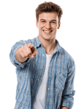 contento giovane uomo sorridente e puntamento a il spettatore, esprimendo gioia e positività nel un' casuale ambientazione png